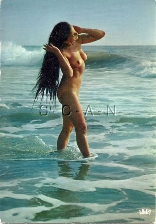 Org 1960s French Nude Risque Pc - Naturisme - All Wet - Long Hair - Waves Crash