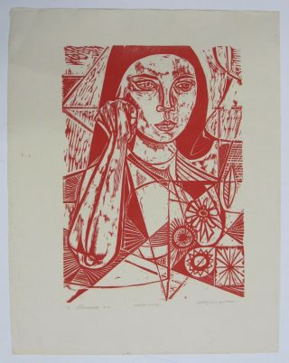 Irving Amen Signed Woodcut Cubism Cubist Woman Portrait Red Abstract