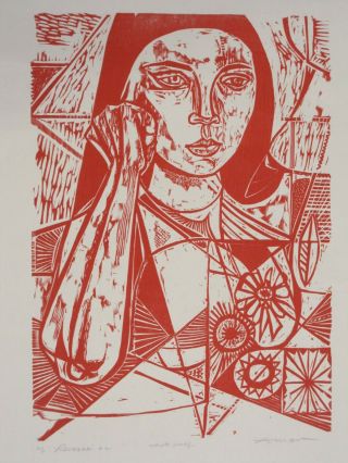 IRVING AMEN SIGNED WOODCUT CUBISM CUBIST WOMAN PORTRAIT RED ABSTRACT 2