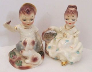 Vtg 1950s Josef Originals Ceramic Figurines.  Boy Micky / Dog.  Girl /flowers Nr