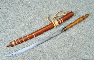Vtg Thai Asian Dha Sword 36 Inches Inscribed Steel Blade Wood Scabbard & Hilt