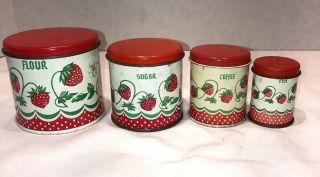 Vintage Wolverine Toy Tin Litho Canister Set 4 Piece Red Strawberry