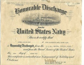Us Navy Honorable Discharge Document.  Ship Illustration.  1945
