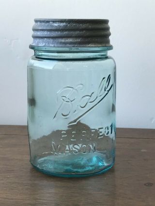Vintage Blue Glass Ball Mason Jar 1910 - 1923 16oz With Lid