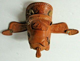 Western Saddle Miniature Tooled Leather Features Horse Head In The Seat