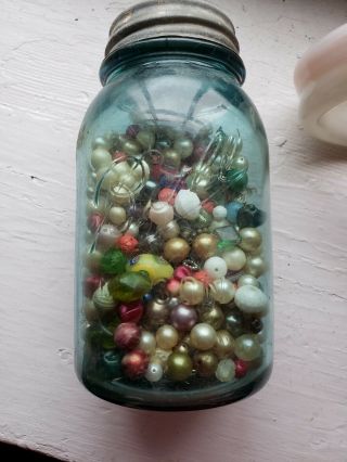 Blue Glass Ball Mason Jar Filled With Assorted Vintage Costume Jewelry Beads