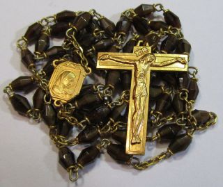 † Htf Old Stock Vintage 22k Gold Overlay Double Ring Capped Oval Glass Rosary †