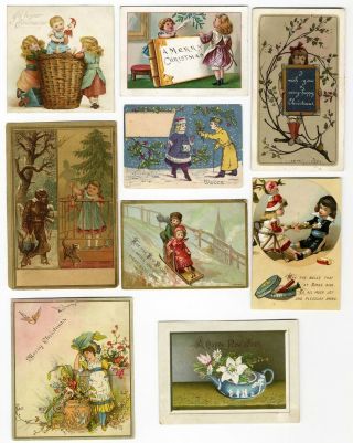 9 Christmas Year Victorian Greeting Cards 1880 Children Snow Toys Boys Girls