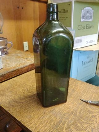 Olive Green Case Gin Bottle 11 " Tall.  Marked Register 210 And A Diamond W/d Base