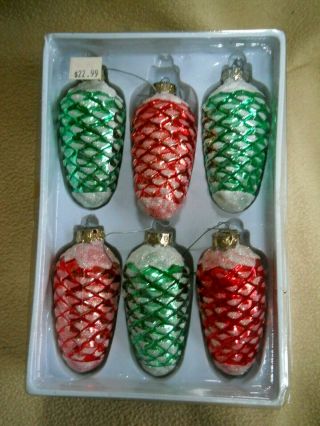 6 Large Vintage Glass Pine Cone Christmas Ornaments / Glitter Accents