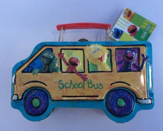 Sesame Street Metal Tin School Bus Lunch Box Purse 2003 Cookies W Tags 8 "