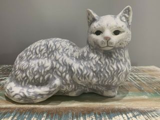 Vintage Ceramic Gray And White Cat Or Kitten With Green Eyes Statue