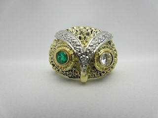 Vintage 18k Yellow Gold Emerald And Diamond Owl Bird Ring 12.  7g