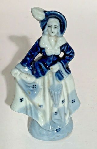 Occupied Japan Porcelain Figurine Lady With Umbrella Cobalt Blue & White.
