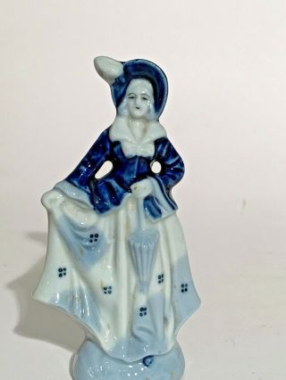 Occupied Japan Porcelain Figurine Lady With Umbrella Cobalt Blue & White. 2