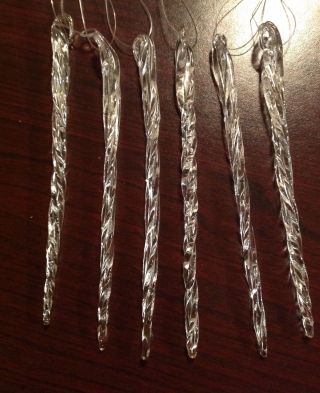 Set Of 6 Blown Clear Glass Spiral Icicles Ornaments 6 Inches