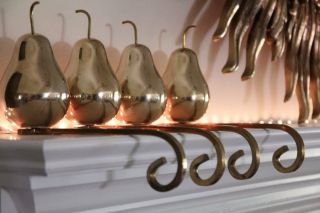 4 Vintage Brass Pear Harvest Fireplace Mantle Stocking Holders