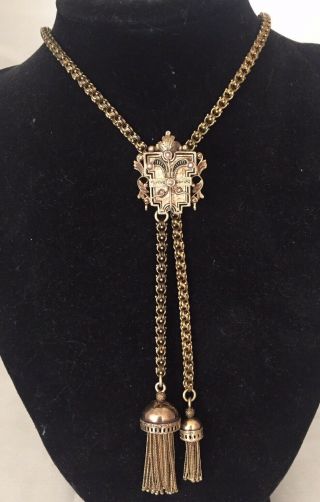 Antique 12k Yellow Gold Victorian Chain Necklace Slide Tassel Pendant 50g