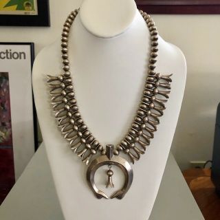 Vintage 1960s Navajo Sterling Silver Squash Blossom Necklace W.  Hand Naja Pretty