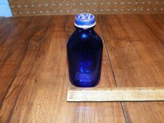 Vintage Phillips Milk Of Magnesia Cobalt Blue Glass Medicine Bottle W Metal Lid$