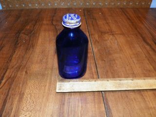 Vintage PHILLIPS MILK OF MAGNESIA Cobalt Blue Glass Medicine Bottle w Metal Lid$ 2