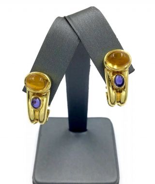Vintage 18k 750 Gold Citrine Sapphire Pierced Omega Back Earrings