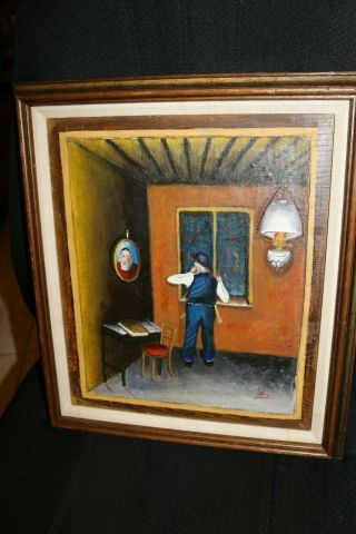 Vintage - - Oil Painting - Judaica - Signed - Man Looking In The Mirror