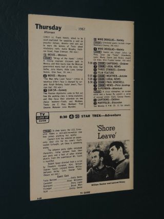 1967 Tv Guide Ad Star Trek Episode " Shore Leave "