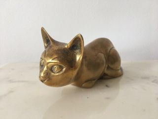 Vintage Brass Cat Kitten Figurine Gold Tone Egyptian Modern 80s Heavy 6.  5 " Long