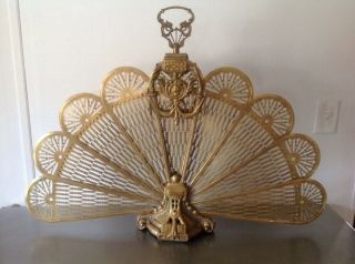 Vintage Brass Cameo Fireplace Screen Folding Fan Ornate Peacock Style