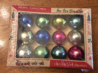 Vintage Box Of 12 Christmas Feather Tree Glass Ornaments Japan Box