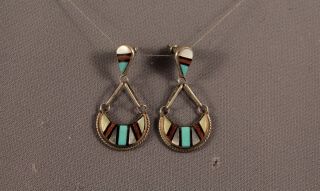 Vintage Zuni Silver And Inlayed Stones Earrings