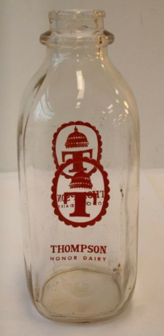 Milk Bottle Thompson Honor Dairy Washington D.  C.  Tall Square Red Pyro Quart