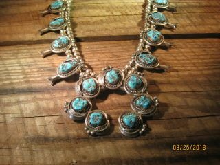 Vintage Navajo Sterling Silver And Turquoise Nugget Squash Blossom Necklace