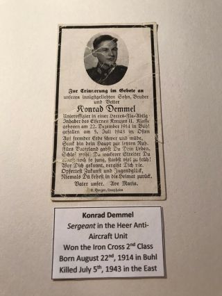 Ww2 German Death Card/picture - Sergeant In Anti - Aircraft Unit - Iron Cross