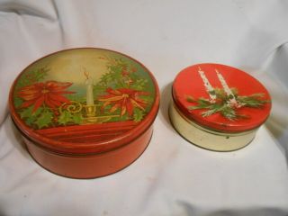 2 Vintage Tin / Metal Christmas Candy / Fruit Cake Tins Candles & Poinsettia 