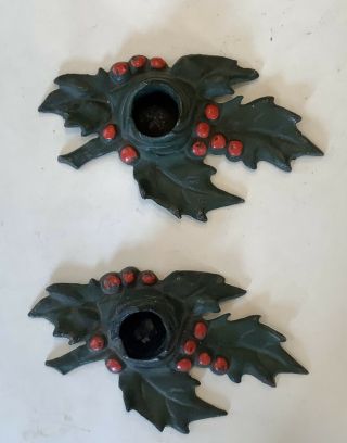 Vintage Pair Cast Iron Holly Leaf Candle Holder Christmas Collectible 1921 (a028