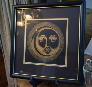 Piero Fornasetti France Framed Serigraph Black & Gold Foil Sun Face Iconic Mod