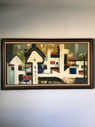 Large Mid Century Modern Oil Painting - Signed - 1960s Vintage Abstract Cubist