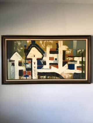LARGE MID CENTURY MODERN OIL PAINTING - SIGNED - 1960s VINTAGE ABSTRACT CUBIST 3