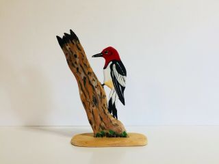 1996 Hand Carved Wood Red Head Woodpecker Sculpture By Captain William Weidemann