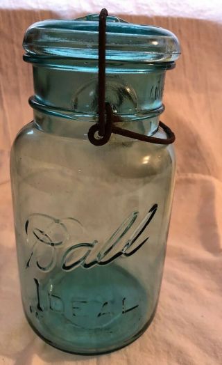 Vintage Ball Ideal Quart Blue Glass Canning Mason Jar With Wire Bail & Lid