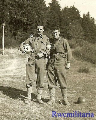 Buddy Pic Pair Us Army Medics In French Field W/ Cross Marked Helmet; 1944