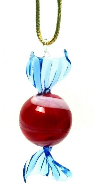 Vintage Hand Blown Art Glass Red And White Swirl Candy Christmas Ornament
