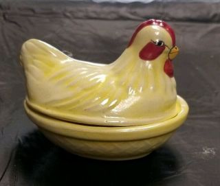 Chicken Hen On Nest Vintage Ceramic Yellow Red Glazed 1988