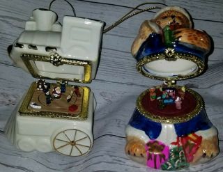 Mr.  Christmas Santa Bear & Porcelain Train Music Box Ornament Hinged Trinket Box