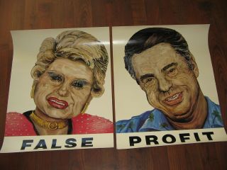 Robbie Conal False Profit Poster Pair Rare Art Political Caricature Jim Bakker