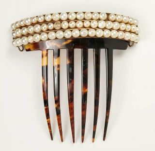 Antique French Tiara Ornamental Hair Comb,  3 Rows Faux Pearls In 5 - 6mm Size