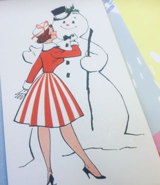 Vintage Lady & Snowman Greeting Card.  Mid Century.  Vintage Glamour.  Unsigned.