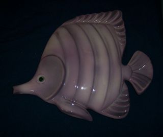 Vintage Ceramic 11 1/2 " Tropical Green Eyed Purple Fish Wall Plaque